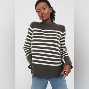 TUCKERNUCK Evergreen and Ivory Stripe Bonnie Sweater Button Sides Crewneck